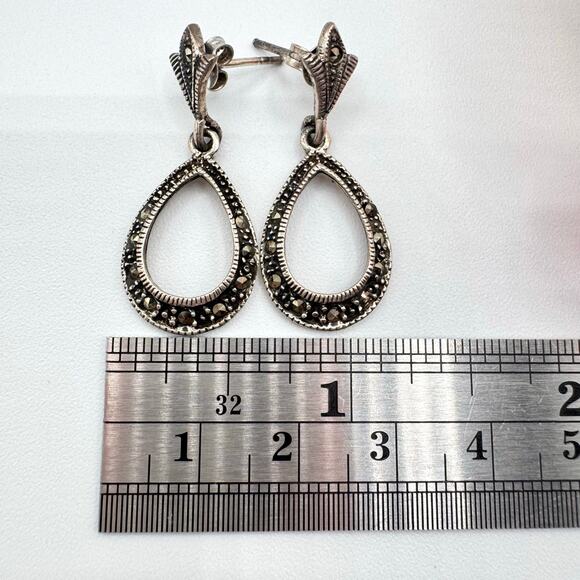 Vintage Marcasite Fleur de Lis 925 CN Sterling Silver Teardrop Earrings Tested - Picture 8 of 10